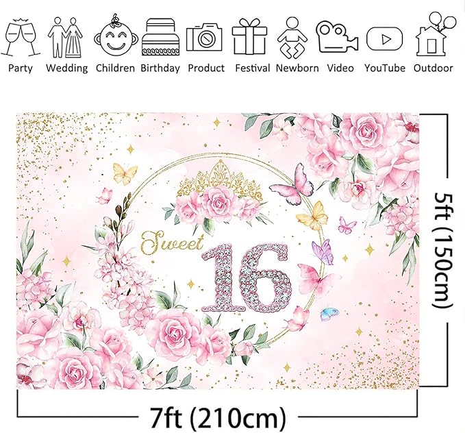 Mocsicka 7x5ft Sweet 16 Backdrop Sweet 16 Banner Decorations for Girls Birthday Party Pink Floral Gold Dots Sweet 16 Background Sweet Sixteen Decorations Photo Booth Props