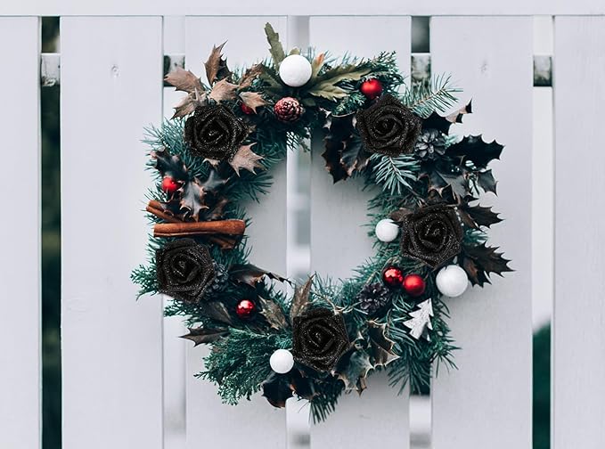 Black Flowers Glitter Rose 30 Pcs Artificial Flowers Glitter Flowers Foam Roses with Stem Faux Flowers for DIY Wedding Bridal Bouquet Party Centerpieces Decor(Black)