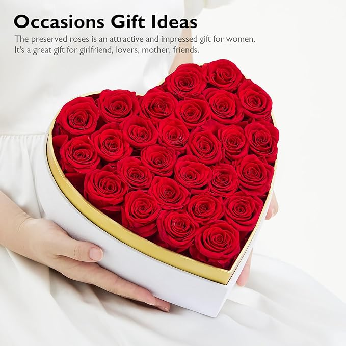 Eterfield 27 Forever Flowers in Heart Shape Box, Preserved Roses That Last a Year Preserved Flowers Birthday Gifts for Her Mom Women Wife Anniversary Valentines Day Mothers Day Christmas, Red