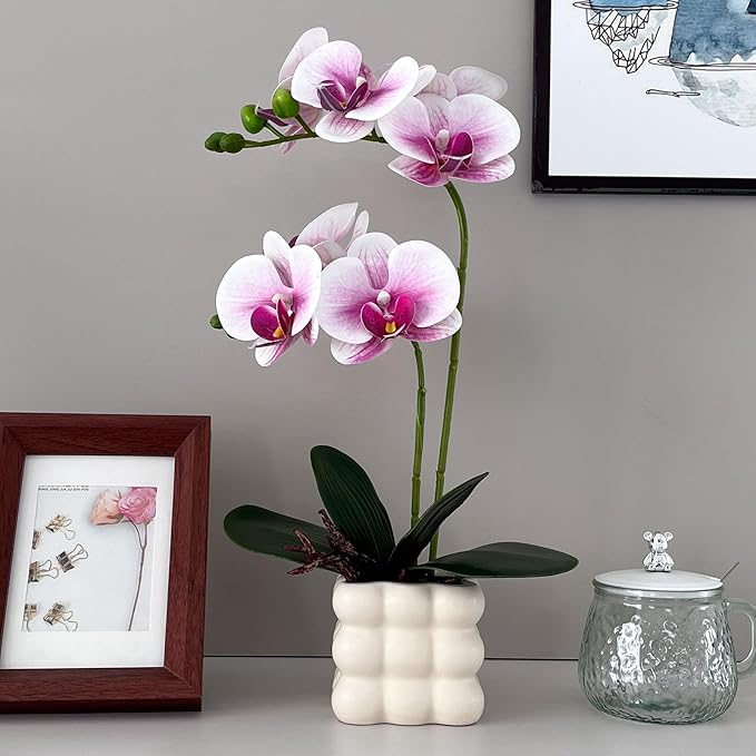 Artificial Orchids in Vase, Purple and White, 14 in Height, Home Decor Orchid Artificial Flowers