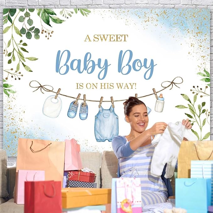 Sensfun Cute Clothes Baby Shower Backdrop for Boys A Sweet Baby Boy is On His Way Banner Greenery Eucalyptus Leaves Welcome Baby Boy Baby Shower Party Decorations Banner Photo Booth Props 5x3ft