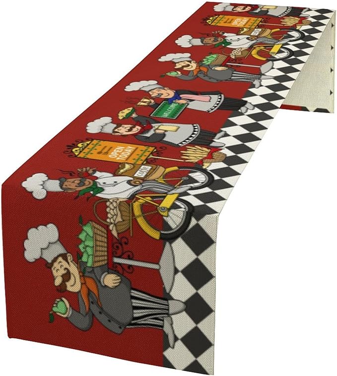 Retro Chef Table Runner,Farmhouse Burlap Table Runners for Party Wedding, Chef Decorations for TKitchen, Chef Kitchen Decor 13x90inch