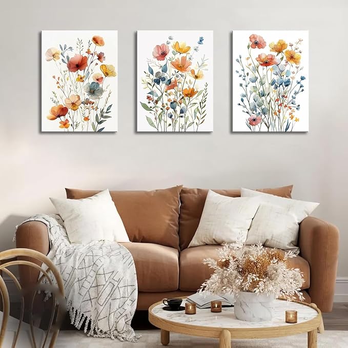 Watercolor Flower Wall Art for Living Room Flower Pictures Wall Decor Orange Floral Canvas Art Colorful Wildflower Poster Prints for Bedroom Bathroom Home Decor 12"x16"x3pcs