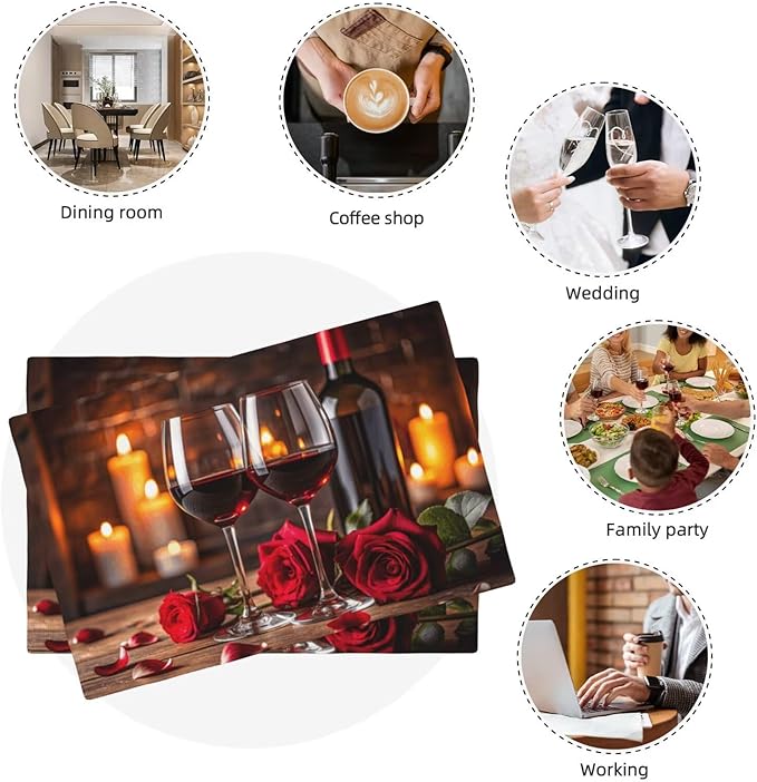 Red Rose Wine Linen Table Placemats Set of 6 Romantic Rose Floral Modern Art Placemat Indoor Outdoor Party Home Desktop Kitchen Dining Room Decoration 12x18 Inch