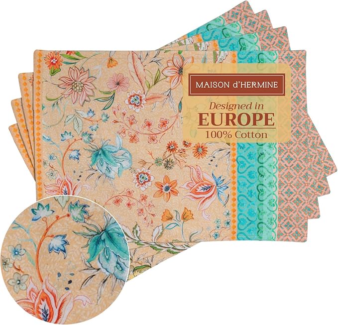 Maison d' Hermine Placemats Set of 4 100% Cotton Washable Cloth Place Mats, Reusable Table Mats for Kitchen Dining Decoration, Party, Wedding, Restaurant Spring/Summer (Luxury Loft - Peach, 13" x 19")