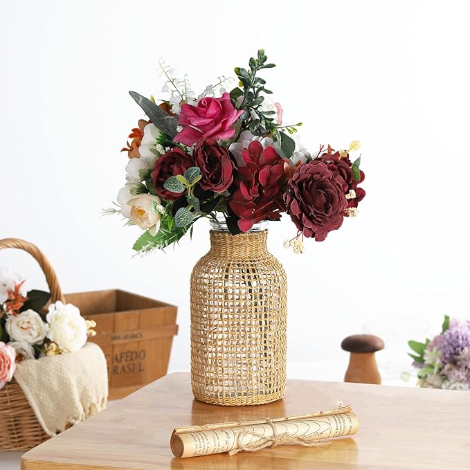WHJY Boho Glass Vase, Rattan Vase, Farmhouse Rattan Décor, Round Flower Vase Basket Vase for Floral Arrangements -8 inch