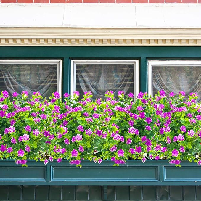 10 Bundles Artificial Fake Flowers, Faux Outdoor Plastic Plants UV Resistant Shrubs Outside Indoor Decorations (Purple-Eucalyptus)