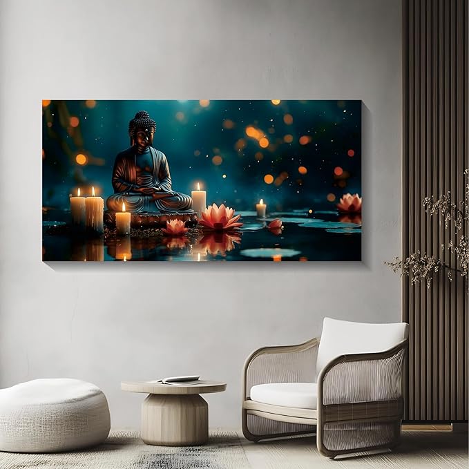 Iallbin Buddha Wall Art & Zen Wall Decor, White Lotus on Water Canvas Painting - for Yoga Meditation Room, Spa & Bathroom, Blue Art Deco Style, 58x29 Inches