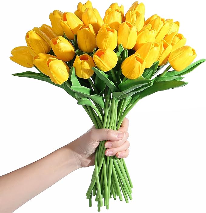 SITUMEIZI 15pcs Yellow Tulips Fake Artificial Flowers Real Touch 14" Silk Flower for Home Kitchen Decor Spring Easter Wedding Bouquet Decorations Office Floral Arrangements