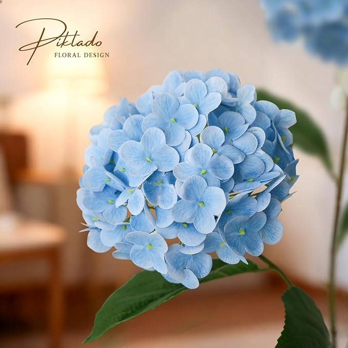 A Bunch 21in, Real Touch Hydrangea Artificial Flowers, with 5pcs Flower Head 10pcs Leaves, Faux Hydrangea Flowers for Home Office Decor Wedding Party Arrangements (1, Blue)