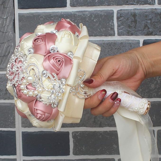 Wedding Bouquet Wedding Bouquets for Bride and Bridesmaid Artificial Silk Rose Bouquet for Wedding Occasion 7 inch Diameter, 9.8 inches Length 1pcs (Ivory+Pink)