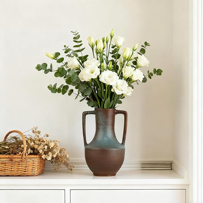 Ceramic Flower Vase with Handles,7.8" Tall Vase for Centerpieces,Large Decorative Terracotta Vases, Farmhouse Rustic Pottery Vase for Home Decor Living Room,Table,Shelf or Mantel