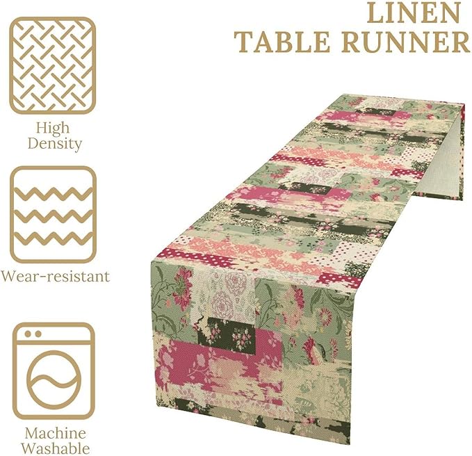 Patchwork Flower Table Runner,Abstract Colorful Floral Retro Style Hand Drawn Tablecloth Burlap for Hotel Indoors Outdoor Dining Room Kitchen Home Decor,W13X L80 in