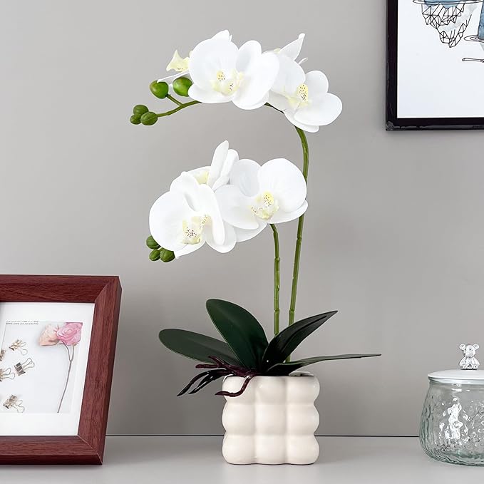 Artificial White Orchid Flower Plant, 14 inches Tall, Home Decor Orchid Artificial Flowers (White-1)