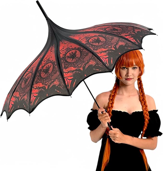 Pagoda Umbrella - Artisan Design with Bat Wing Scalloped Edges, Full Size Waterproof Windproof UV Protection Gothic Parasol with Carry Case
