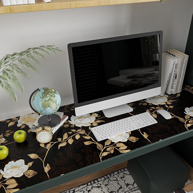 Black Golden Floral Peel and Stick Wallpaper Flowers Contact Paper 17.5" x 393" Self Adhesive Waterproof Vintage Dark Floral Wall Paper for Shelf Liner Cabinet Decor