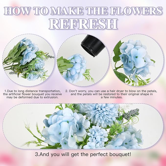 Nubry 3pcs Artificial Flowers Bouquet Fake Peony Silk Hydrangea Wildflowers Arrangements with Stems for Wedding Home Centerpieces Decor (Light Blue)