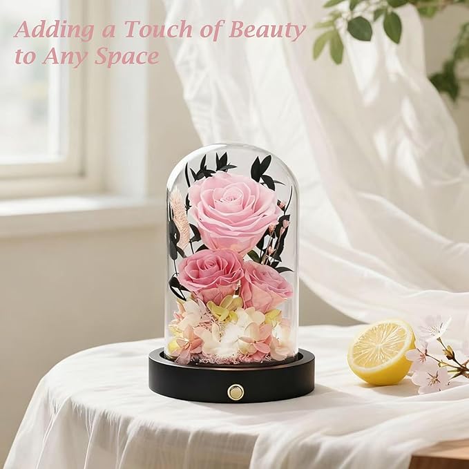 Preserved Flowers in Glass Dome, Christmas Pink Flowers for Delivery Prime, Forever Roses Valentines Day Anniversary Mothers Day Birthday Gifts for Mom Women Wife Girlfriend