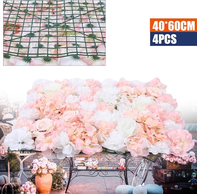 4Pcs Artificial Flower Wall Panel,3D 16" X 24" Silk Rose Mat Artificial Flower Wall,Rectangle Decorative Backdrop Flower Panels Wall for Bridal,Patio,Garden,Yard Decor (White,Pink)