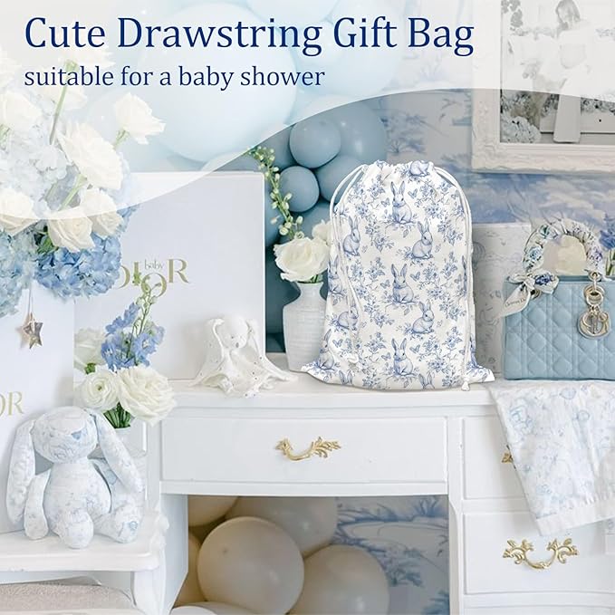 DSHFG Light Blue Chinoiserie Birthday Drawstring Gift Wrap Bags, Chinoiserie Bunny Baby Shower Drawstring Gift Bags Canvas, Blue and White Small Happy Birthday Bag, Bunny Gifts, 10x13 Inch