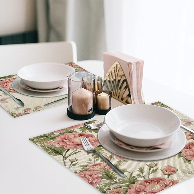 Pink Flowers Placemats Set of 4, 17x12 Inch Rustic Farmhouse Romantic Spring Floral Blossom Butterfly Table Mats for Home Party Kitchen Dining Decor