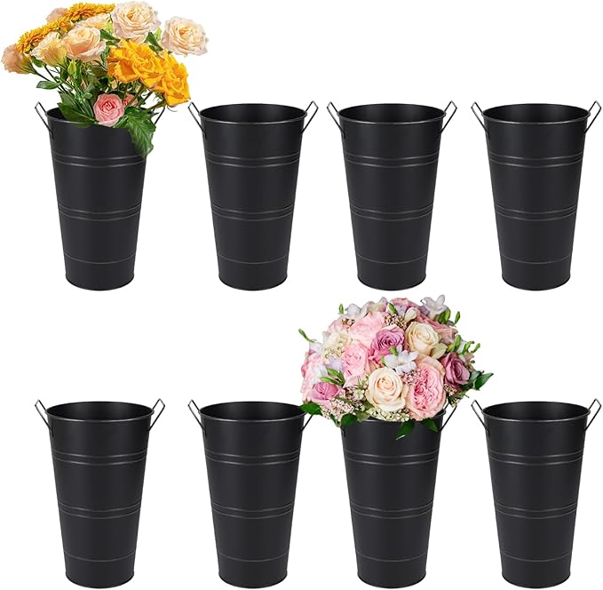 Set of 8 12.8inch Black Rustic Vase, Galvanized Buckets for Party, Metal Flower Vase, Flower Holder, Bloom Bar Supplies, Floral Buckets (Black, 12.8inch Height, 8pcs)