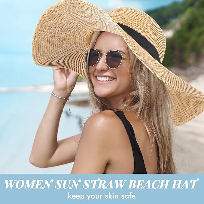 Beach Sun Hats for Women Wide Brim Straw Foldable Beach Hat UV Protection
