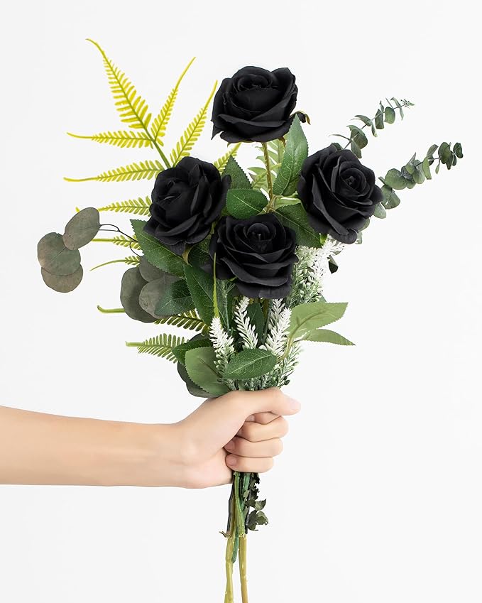 DuHouse 10pcs Fake Black Roses Artificial Silk Flowers Faux Rose Flower Long Stems Bouquet for Arrangement Wedding Centerpiece Party Home Kitchen Decor (Black)