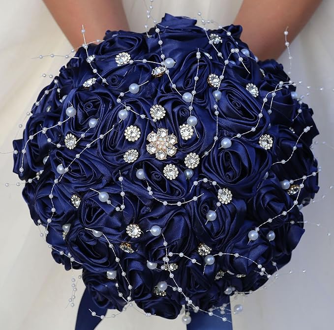 Bridal Wedding Bouquet Round Bling Brooch Bouquet Throw Toss Artificial Rose Flower Bunch for Bride Bridesmaid Wedding Quinceanera(Navy Blue, 9.8")