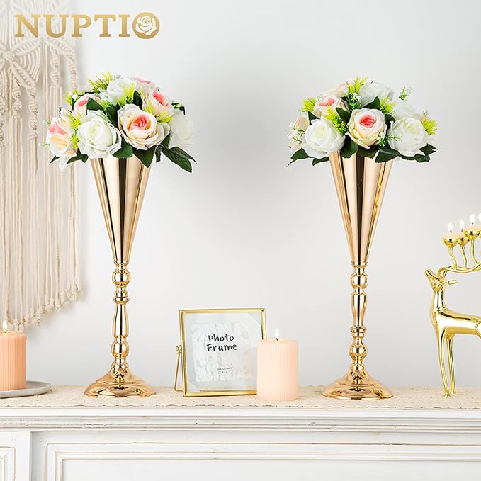 2 Pcs Tabletop Metal Wedding Flower Trumpet Vase, 16.5 inch Tall Table Decorative Centerpiece, Artificial Flower Arrangements for Anniversary Ceremony Party Birthday Event Aisle Home Decoration (Gold)
