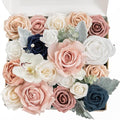 TINGE TIME Artificial Flowers Combo Mix Silk Flowers Pink Roses w/stem for DIY Wedding Bridal Bouquets Baby Shower Floral Arrangement Table Centerpieces Home Decorations (Navy Blue & Dusty Rose)