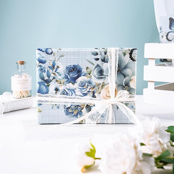 WRAPAHOLIC Dusty Blue Floral Wrapping Paper Roll - Mini Roll - 17 Inch x 9.8 Feet - Butterfly Flower Design, Perfect for Birthday, Wedding, Bridal Shower