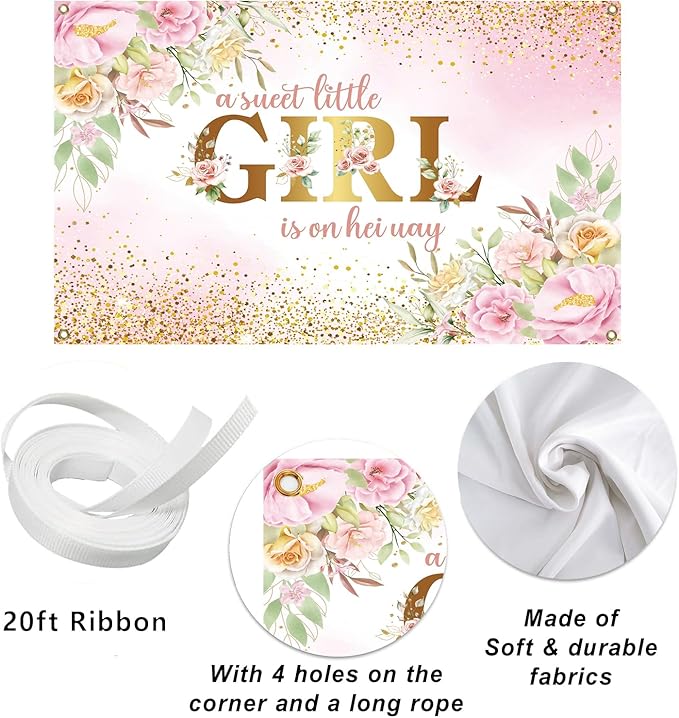 7x5ft Baby Shower Backdrop for Girl, A Sweet Little Girl is on Her Way Pink Floral Background Banner, Gold Glitter Backdrop for Newborn Party, Gender Reveal Celebration Photo Booth Decor