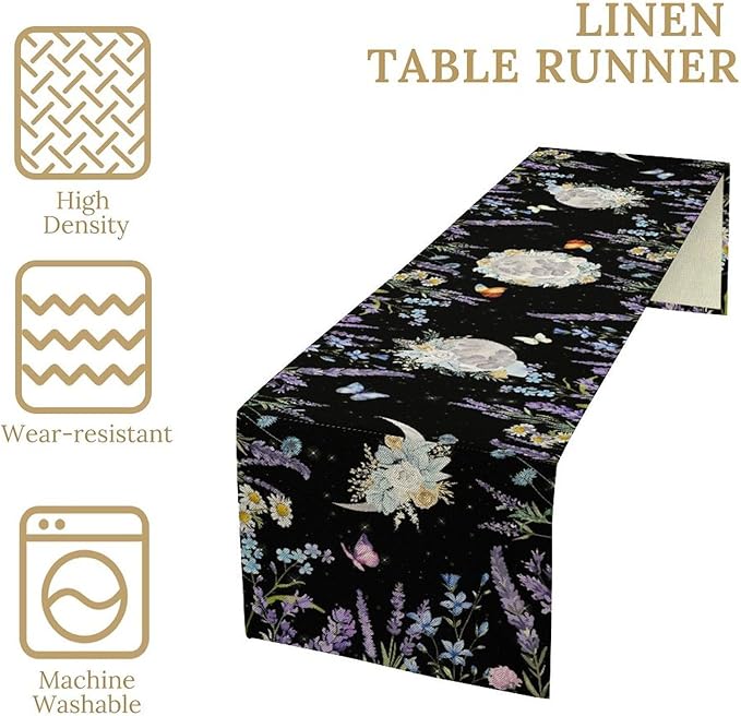 Boho Floral Table Runner, Spring Gothic Moon Phase Wildflower Mystical Witchy Farmhouse Coffee Table Center Decor for Home Kitchen Dining Patio Holiday Party Table Decorations 13x36 inches