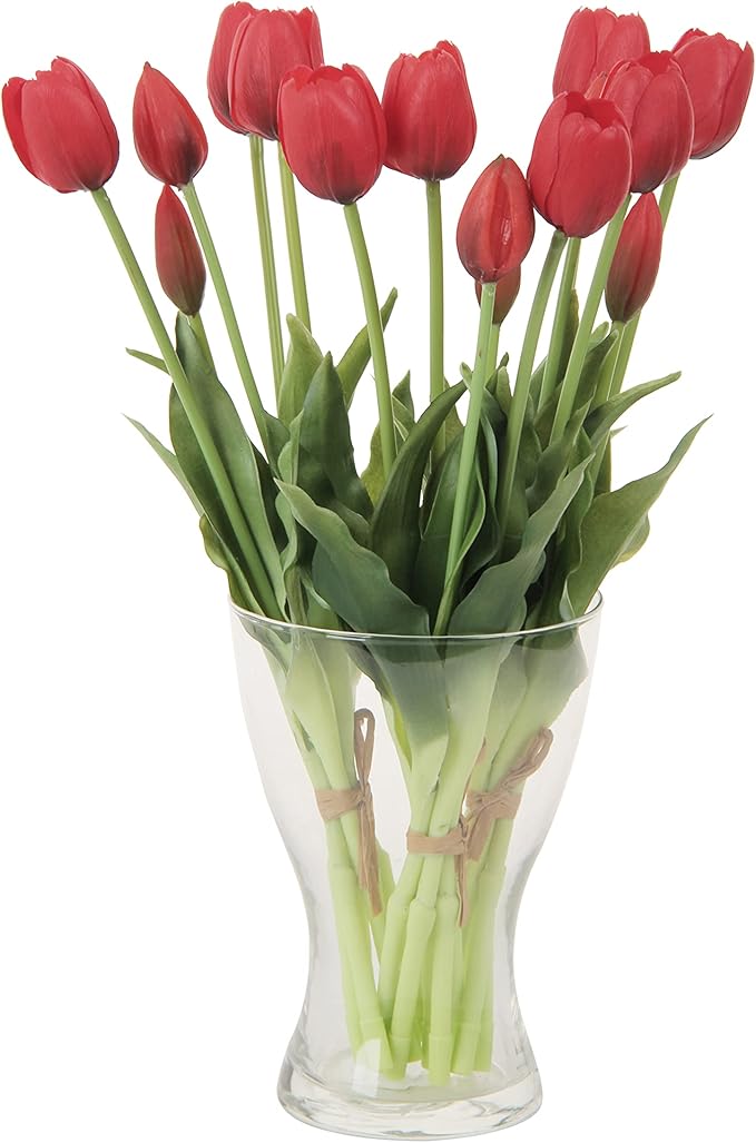 20pcs Artificial Tulip Flowers,16 Inch Real Touch Tulip Stems with Faux Leaves, Faux Tulips and Buds for Home Décor Centerpiece Ornament Wedding Bouquet,Red