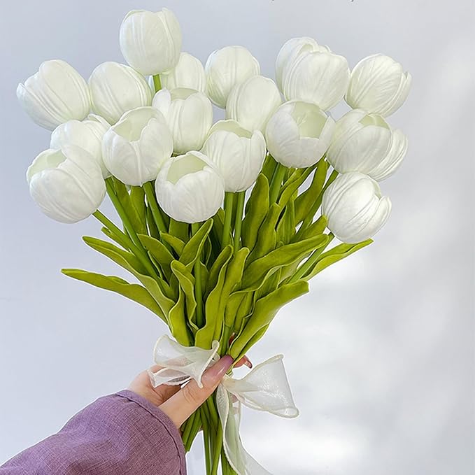 10pcs Partially Open Artificial Tulips 15.5" PU Artificial Flowers for Family Friend Gifts DIY Flower Arrangement Flowers in Home Kitchen Office Party Wedding Dining Table Decoration, White