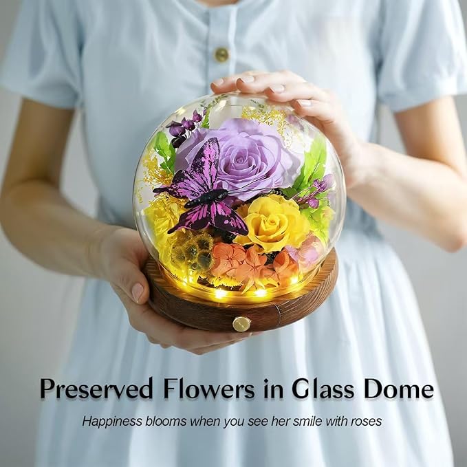 Preserved Rose, LED Forever Flowers in Glass Dome, Eternal Flowe for Women, Birthday Gifts for Mom Friend, Includes Greeting Card & Luxury Gift Box (Purple)