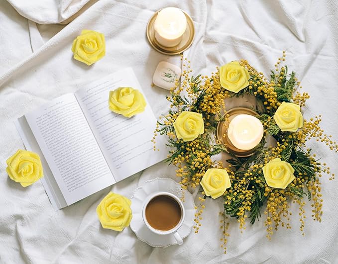 Yellow Glitter Roses 30 PCS Foam Flowers Glitter Roses with Stem Artificial Flowers for DIY Wedding Bridal Bouquet Party Centerpieces Decor(Yellow)