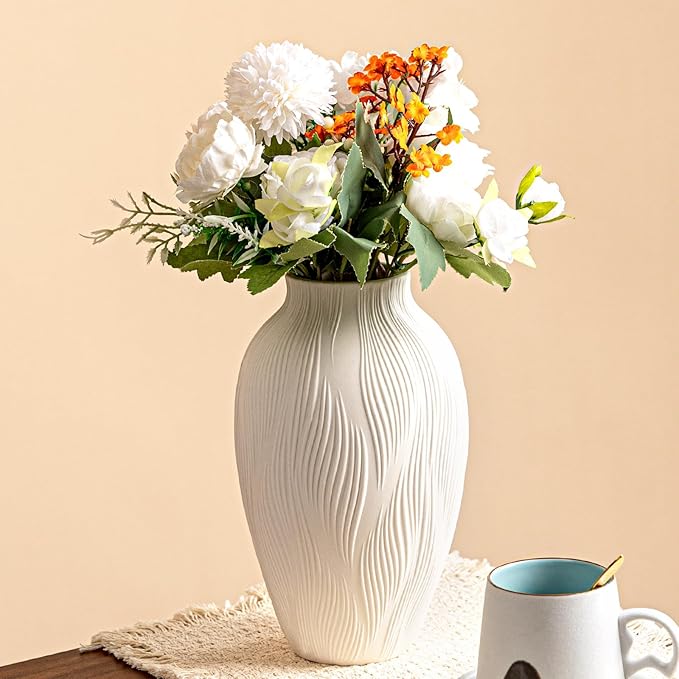Windblown Texture Vase - White Matte Ceramic with Dynamic Lines, 9.2" Unique Flower Vase for Pampas Grass/Centerpieces, Decorative Farmhouse/Boho Vase for Living Room/Office, Ideal Gift for Minimalist