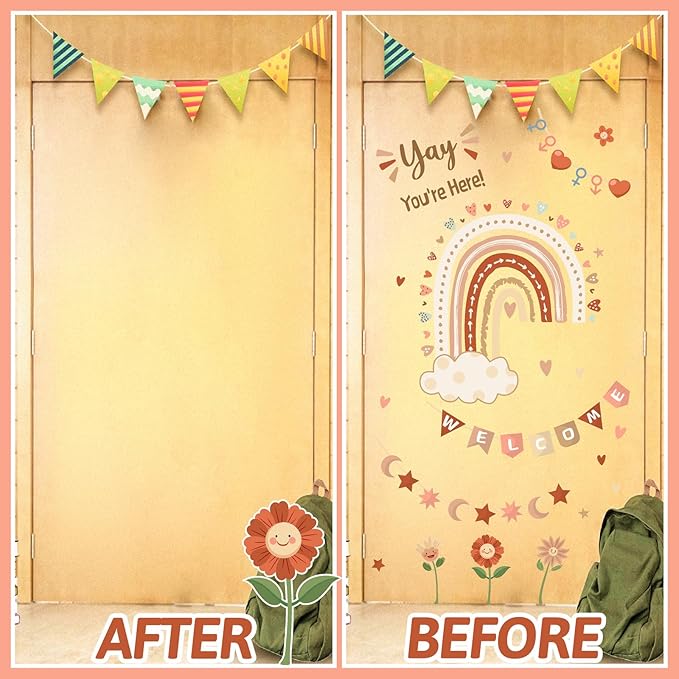 Welcome Classroom Welcome Signs Decals Boho Rainbow Bulletin Board Vinyl Stickers Peel and Stick Kids Nursery Decals for Front Door Wall Decors Yay You're Here Decor for Daycare Toddler Teacher Supply