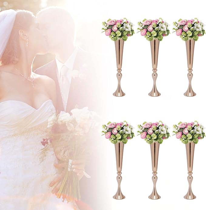 6 PcsTall Gold Trumpet Wedding Flower Vases, 22'' Metal Versatile Centerpieces, Tabletop Flower Stand for Wedding Anniversary Birthday Party Decorations Home Event Decor
