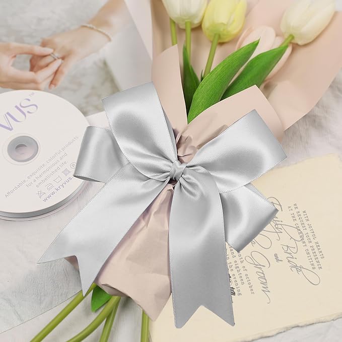 Silver Satin Ribbon, Double Faced 2 Inch X 25 Yards Silver Ribbon, Premium Satin Ribbon for Gift Wrapping, Crafts, Hair Bow Making, Sewing, Flower Bouquet, Wedding Party Decor