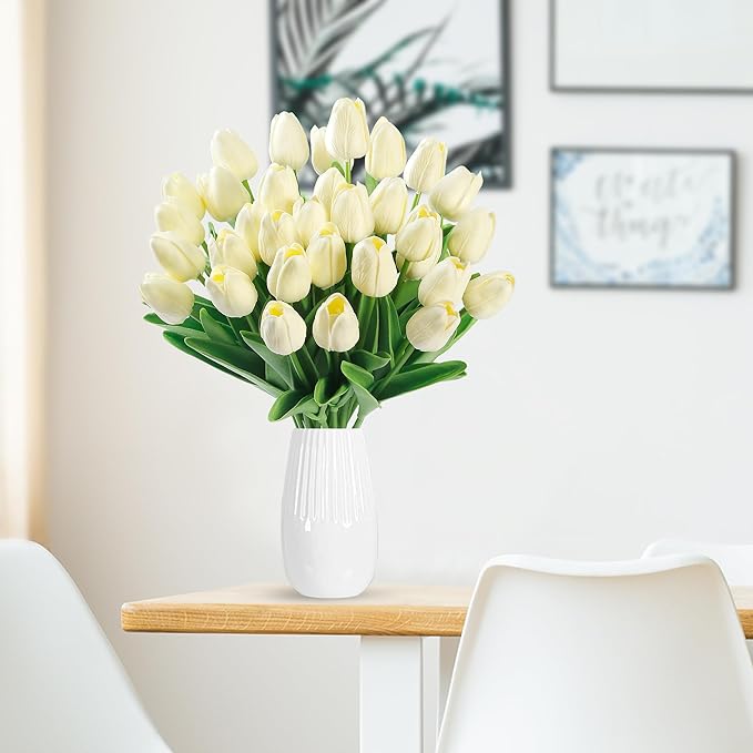 Sggvecsy 15 Pcs Fake Tulips Artificial Flowers Real Touch PU Faux Flowers Tulip Stems for Wedding Spring Bouquet Floral Arrangement Home Party Office Decorations for Mother's Day (Milk White)