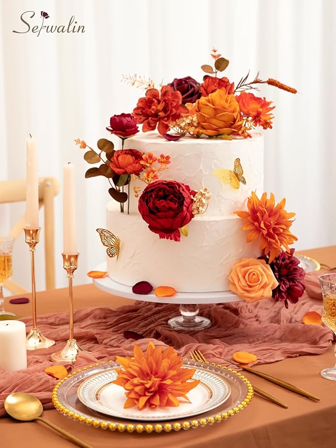 Serwalin Artificial Flowers Orange Burgundy Fall Fake Flowers for DIY Table Centerpieces for Wedding Bouquets Centerpieces Arrangements Silk Flowers Party Baby Shower Home Decorations