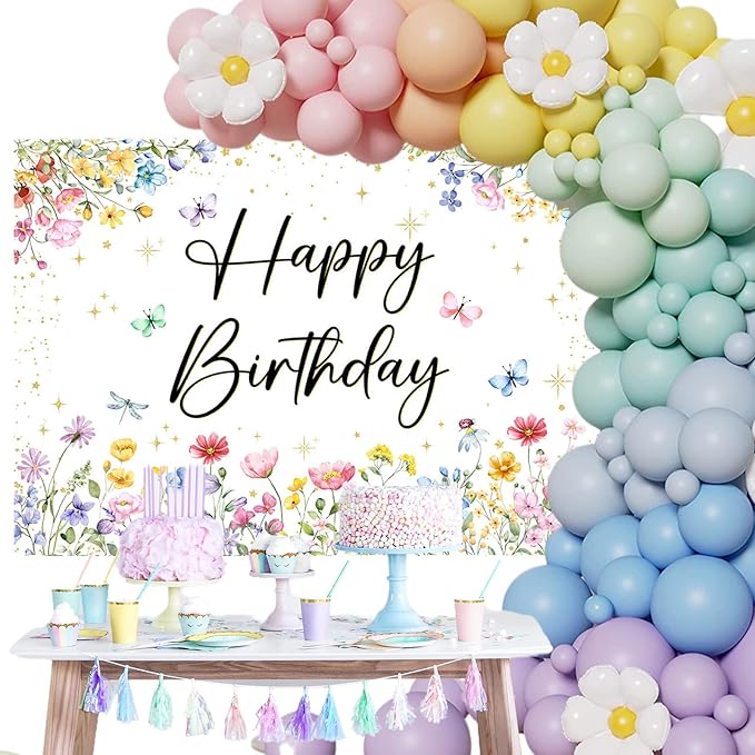 Mocsicka Wildflower Birthday Backdrop Decorations Girls Spring Garden Floral Photo Background Butterfly Wildflower Birthday Party Decorations