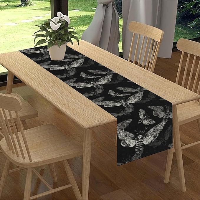 Gothic Moth Table Runner, Boho Gothic Mystical Witchy Skull Retro Farmhouse Coffee Table Center Decor for Home Kitchen Dining Patio Holiday Party Table Decorations 13x108 inches