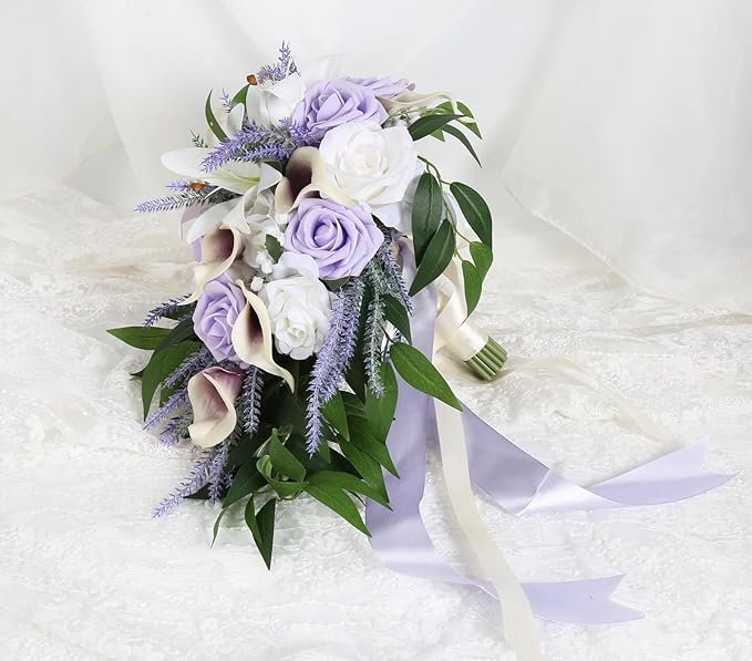 Wedding Bouquet,11 Inch Bridal Bouquet Cascading Wedding Bouquets for Bride for Wedding Ceremony and Anniversary(Lilac & White)