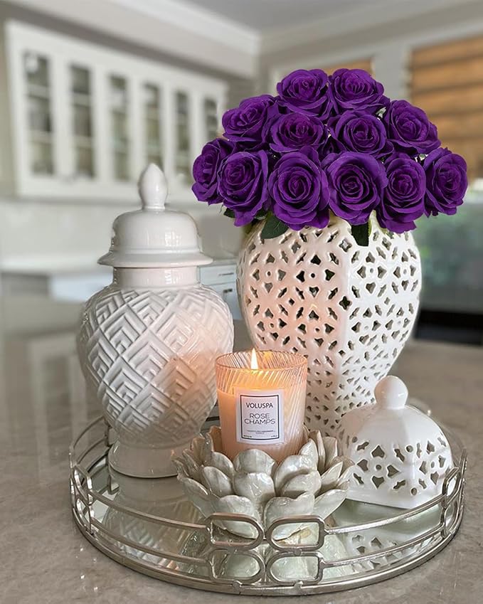LFF 10pcs Silk Roses Artificial Flowers Fake Long Stem Roses for DIY Wedding Bouquet Home Decoration (Purple)