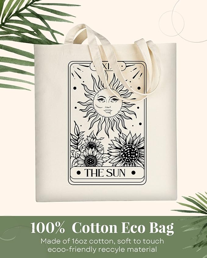 AUSVKAI Canvas Tote Bag Aesthetic for Women, Cute Sun Moon Cotton Totes Bag for Grocery Beach Shopping Gifts