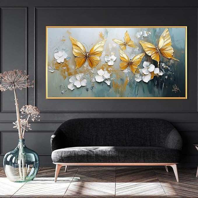 Butterfly Canvas Wall Art, Butterfly and Flower Wall Decor, Butterfly Prints, Abstract Textured Canvas Wall Art, Artwork for Walls, Oil Painting Wall Art, Wall Decor Living Room (Gold Frame, *71"x35"|180x90cm)